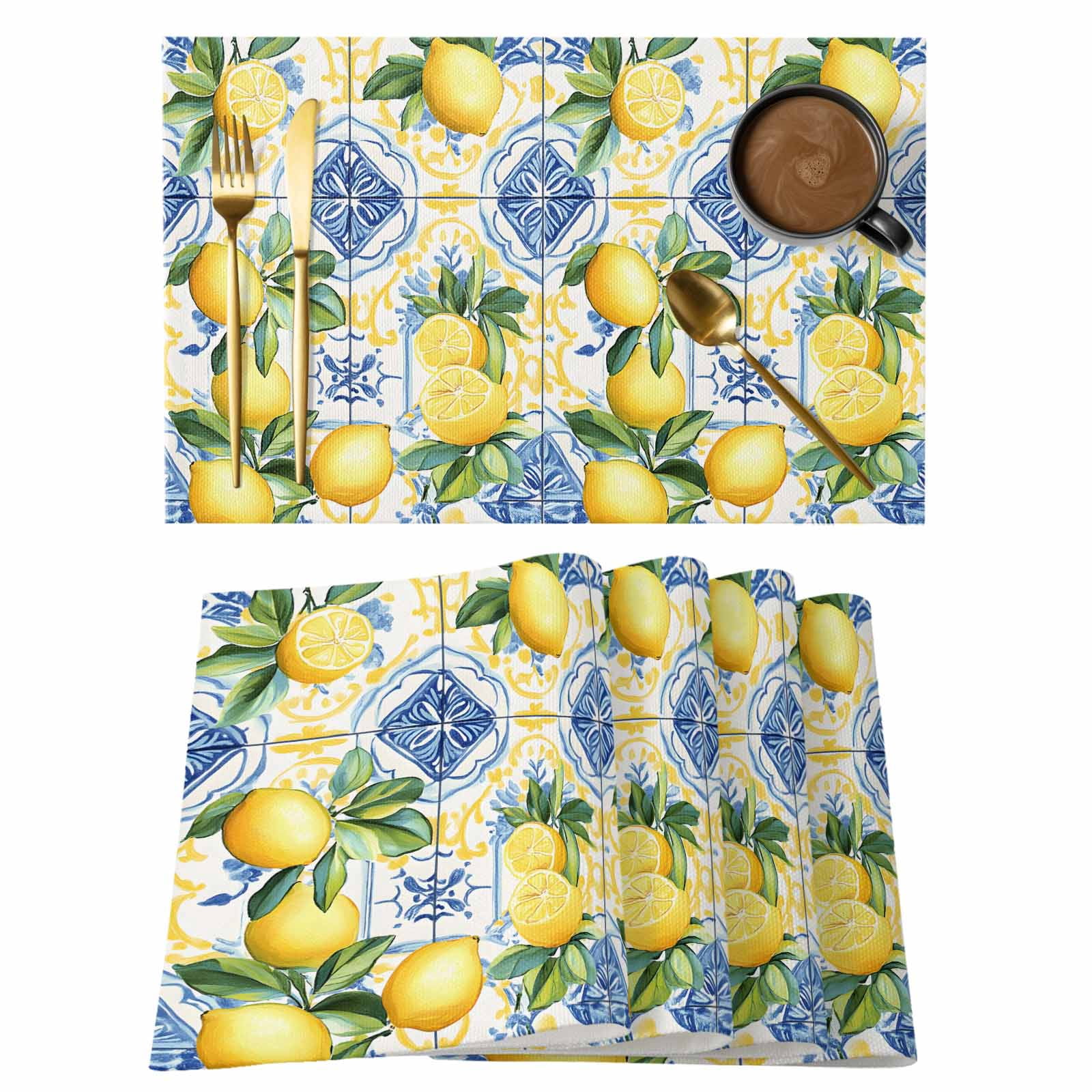 Botanical Lemon Placemats Set of 4, Cotton Linen Fabric Place Mats ...