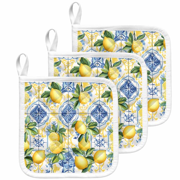 Botanical Lemon Pot Holders for Kitchen Heatproof Potholder, 3 Pack Spring Countryside Floral Blue Tile Hot Pads Multipurpose Oven Pads Cloth Potholders Trivet for Cooking Baking