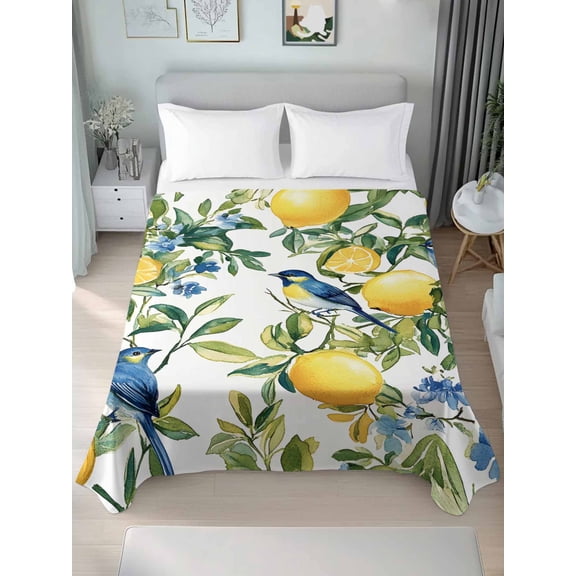 Botanical Lemon Queen Size Flat Sheet, Wrinkleproof & Fadeproof Cooling Flat Bed Sheet Only, Watercolor Blue Birds Green Leaves Breathable Soft Bedding Top Sheets 90 x 102 Inches