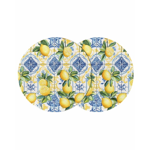 Botanical Lemon Round 13 Inch Placemats Set of 2, Spring Countryside Floral Blue Tile HeatResistant Non Slip Place Mats for Dining Table, Wipeable Braided Kitchen Table Mats for Housewarming