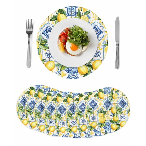 Botanical Lemon Round 13 Inch Placemats Set of 8, Spring Countryside Floral Blue Tile HeatResistant Non Slip Place Mats for Dining Table, Wipeable Braided Kitchen Table Mats for Housewarming