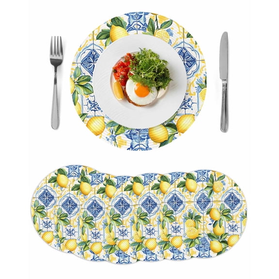 Botanical Lemon Round 15 Inch Placemats Set of 6, Spring Countryside Floral Blue Tile HeatResistant Non Slip Place Mats for Dining Table, Wipeable Braided Kitchen Table Mats for Housewarming