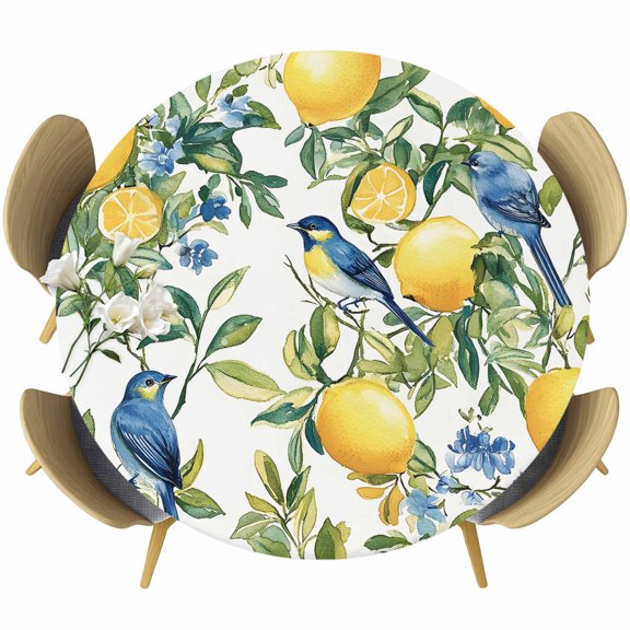 Botanical Lemon Round Tablecloth 36-44 Inch Round Fitted Table Cloth with Elastic Edge, Watercolor Blue Birds Green Leaves Waterproof Table Cover Protector for Outdoor Picnic Party Dining