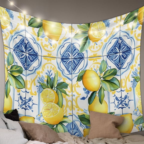 Botanical Lemon Small Tapestry for Bedroom Wall Hanging Tapestry, Spring Countryside Floral Blue Tile Ceiling Backdrop Tapestries Poster Blanket Wall Decor for Teens Room Living Room Dorm 23" x 28"