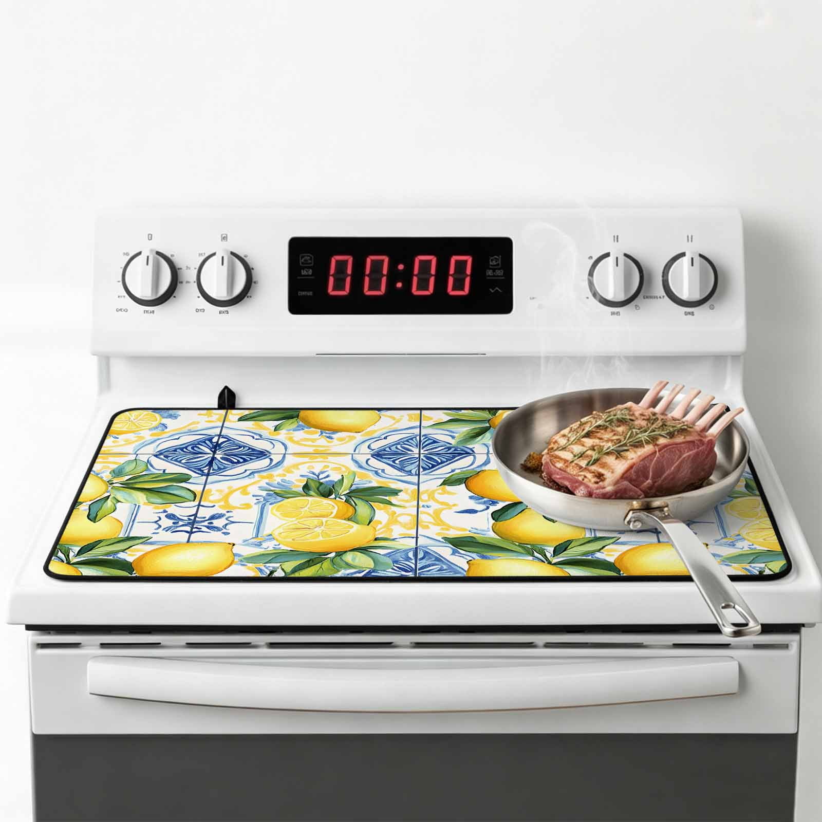 Botanical Lemon Stove Top Cover for Electric Stove, Heat-proof & Non Slip Glass Top Stove Cover Protector, Spring Countryside Floral Blue Tile Kitchen Flat Cooktop Rubber Mat 24x21 Inches