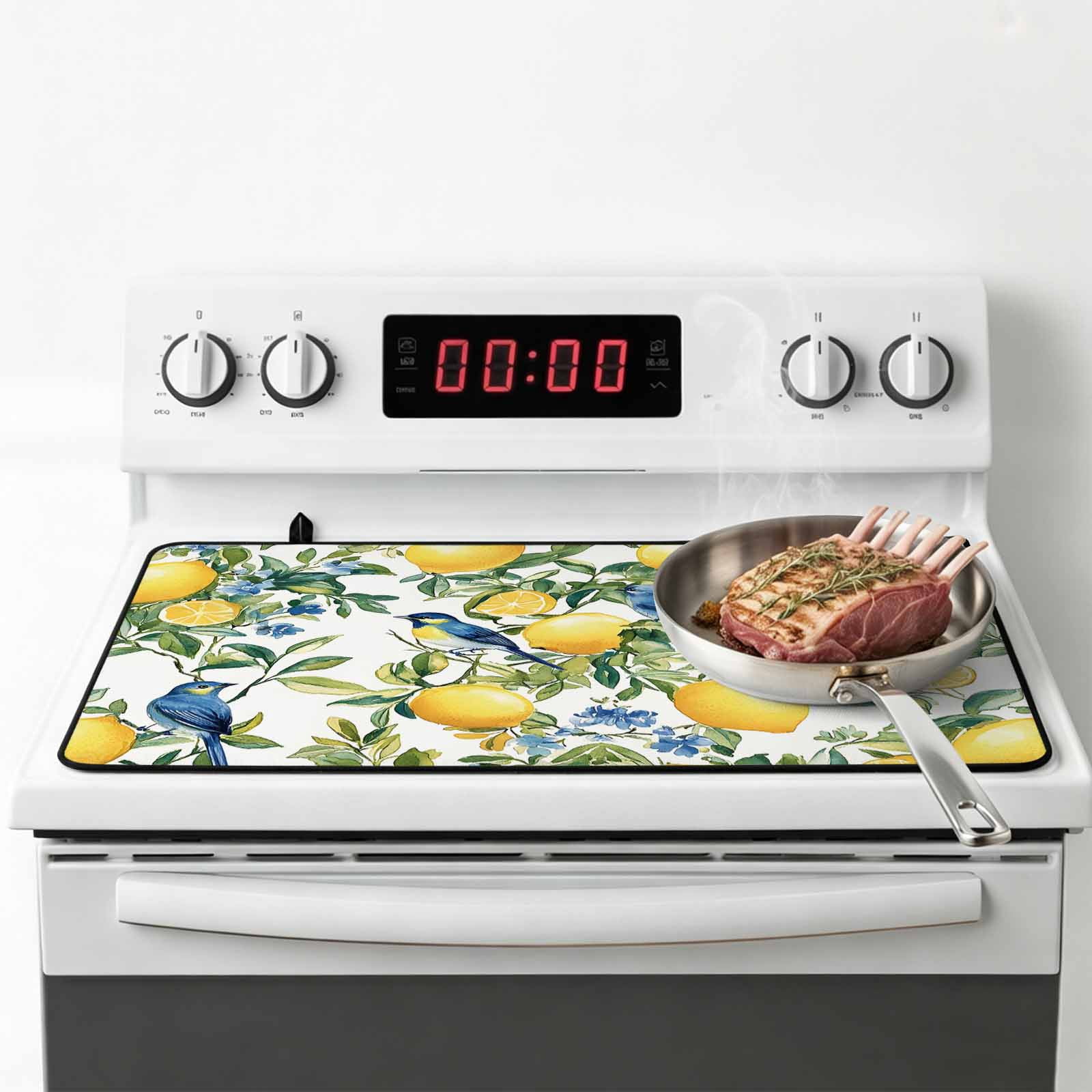 Botanical Lemon Stove Top Cover for Electric Stove, Heat-proof & Non Slip Glass Top Stove Cover Protector, Watercolor Blue Birds Green Leaves Kitchen Flat Cooktop Rubber Mat 24x21 Inches