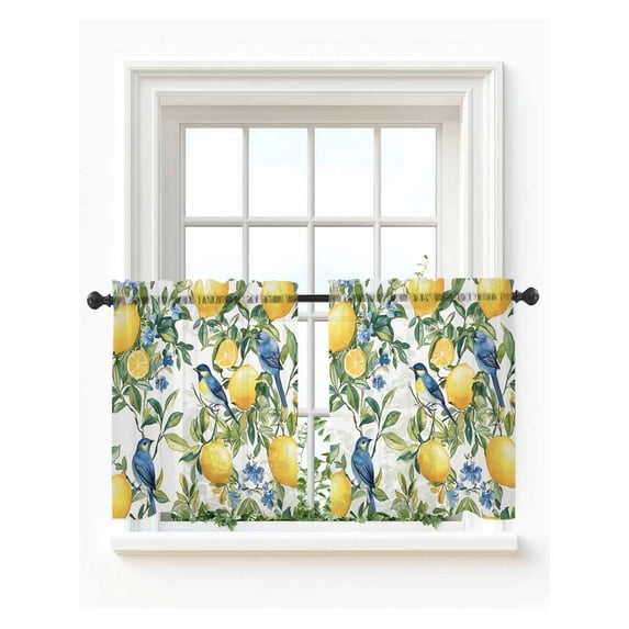 Botanical Lemon Tier Curtains 36 Inch Length,Sheer Curtains for Bedroom Living Room Window Watercolor Blue Birds Green Leaves Rod Pocket Drapes Kitchen Curtains Small Half Window 27.5"x36" 2 Panels