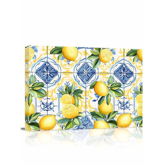 Botanical Lemon Wall Art for Living Room,Canvas Picture Wall Decor for Bathroom Bedroom,Spring Countryside Floral Blue Tile Painting Artwork for Office Kitchen Hallway Dining Room Home Decor 16"x20"