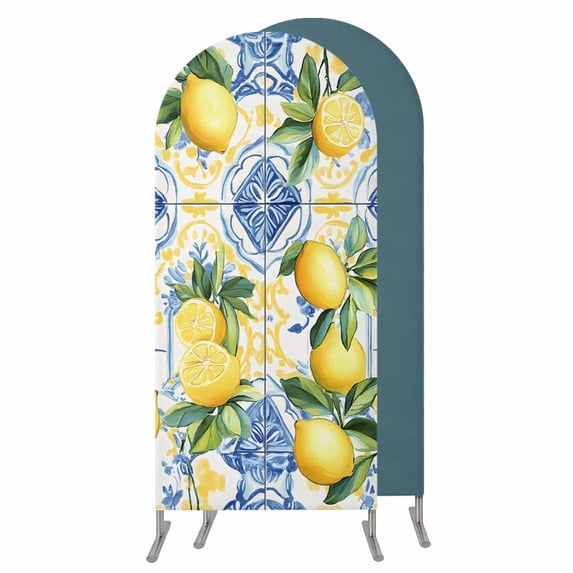 Botanical Lemon Wedding Arch Cover, Stretchy Spandex Arch Backdrop Stand Covers 6 FT, Spring Countryside Floral Blue Tile Round Top Arched Backdrop Cover for Birthday Party Ceremony Baby Shower Event