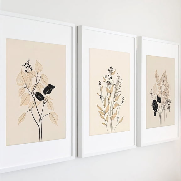 Botanical Line Art Beige Greenery Wall Art Set 3 Stretched Canvas 8x12
