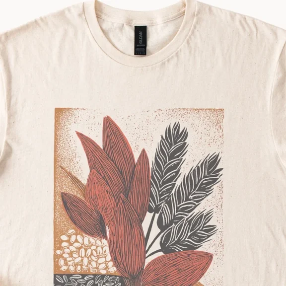 Botanical Line Art Graphic Tee With Red Flower And Seed Pod Design Size S-5Xl Heygategoo Tee