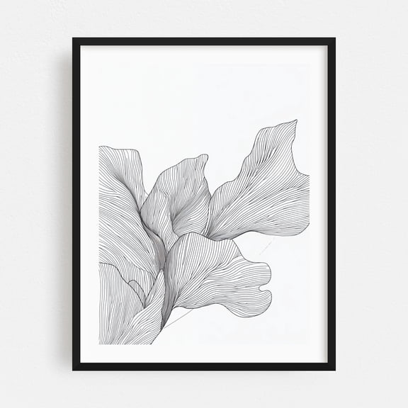 Botanical Line Art in Minimalist Monochrome - Line Drawing Line Art Abstract Minimalist Black and White Modern Art Geometric Floral Black Framed Wall Art Print 5 x 7 inches