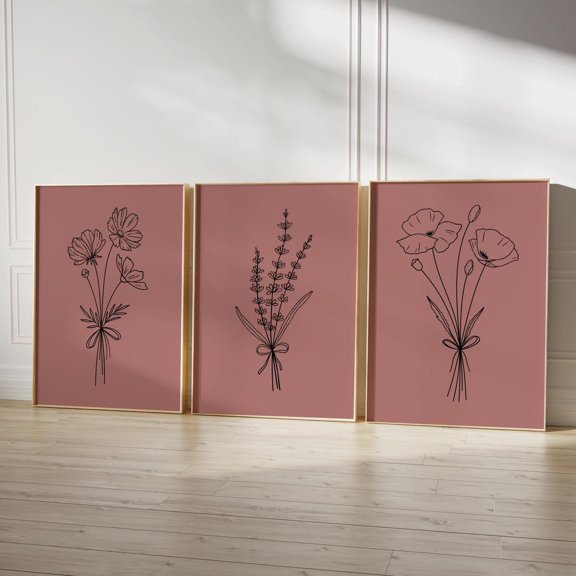 Botanical Line Art Prints Cedar Rose Wall Decor Set 3 Stretched Canvas 16x24