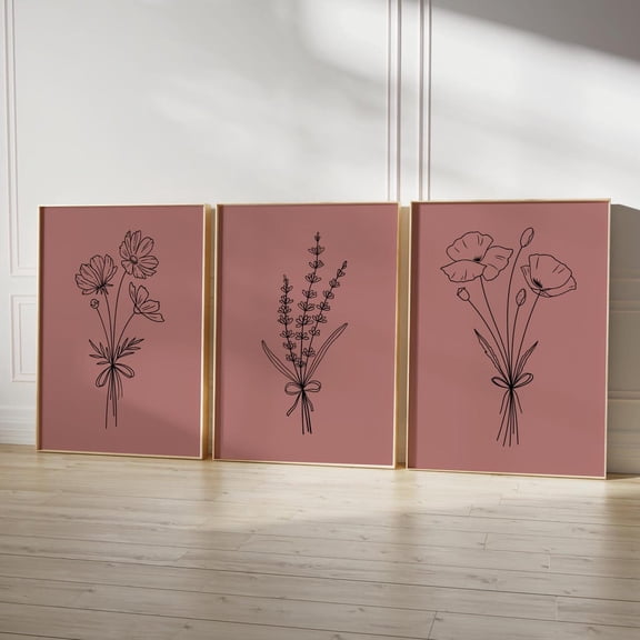 Botanical Line Art Prints Cedar Rose Wall Decor Set 3 Unframed Paper Print 8x12
