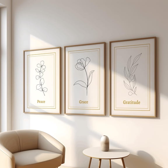 Botanical Line Art Prints Peace Gratitude Grace Set 3 Stretched Canvas 16x24