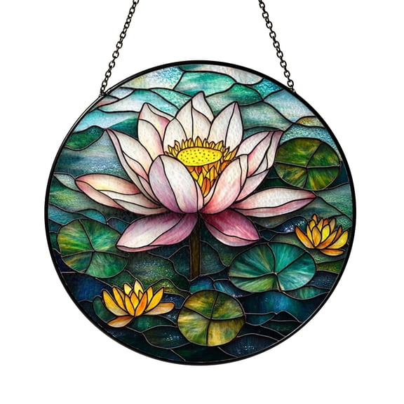 Botanical Lotus Bloom Stained Glass Circular Panel with Lily Pad Details, Tranquil Window Decor for Home