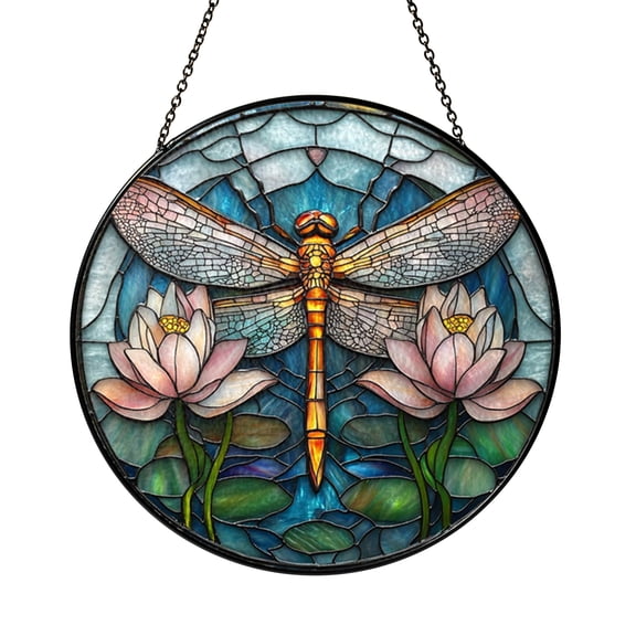 Botanical Lotus Dragonfly Stained Glass Style Window Art2101