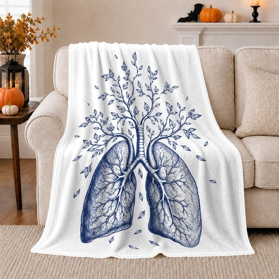 Botanical Lungs with Branches Leaves and Falling Petals, Serene Anatomy Line Art for Science Lovers, Graduation Gift, Cozy Flannel Blanket for Study Room and Dorm, Artistic Home Decor
