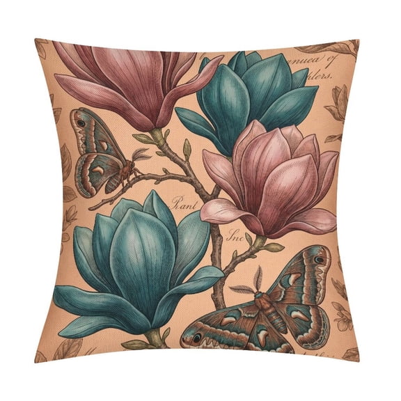 Botanical Magnolia Blossoms And Moths on Script BackgroundSet of 2 Faux Linen Throw Pillow Covers, Soft & Breathable Polyester Cushion Cases