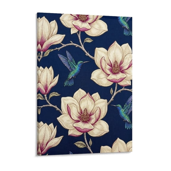 Botanical Magnolia Blossoms And Hummingbirds on Navy Background Long-Lasting Canvas Wall Painting, Fade-Resistant Print for Living Room, Kitchen & Bar