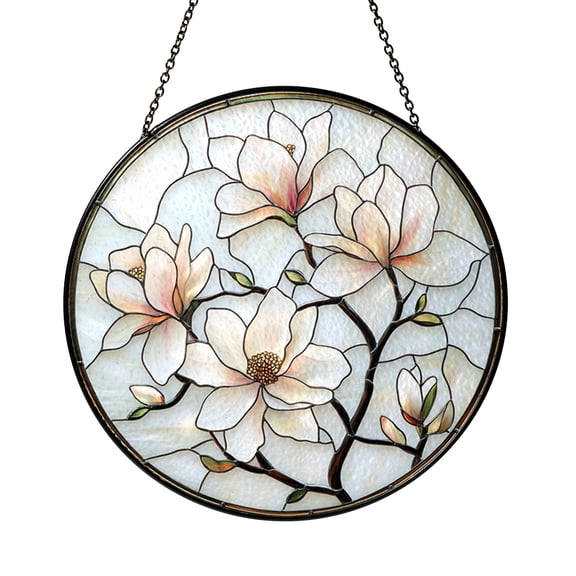 Botanical Magnolia Faux Stained Glass Window Decor