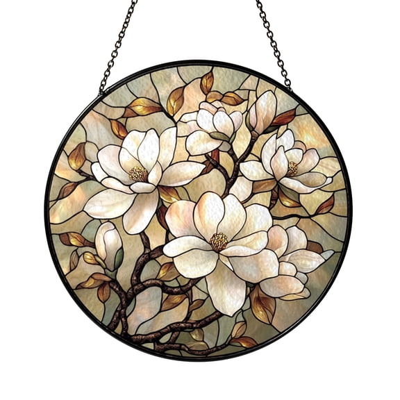 Botanical Magnolia Glass Panel, Decorative Stained Glass Style Art