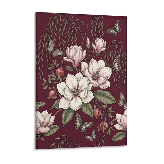 Botanical Magnolia And Pomegranate with Butterflies And Willow Versatile Vertical Canvas Artwork, High Density Print for Home, Hotel & Restaurant Decor