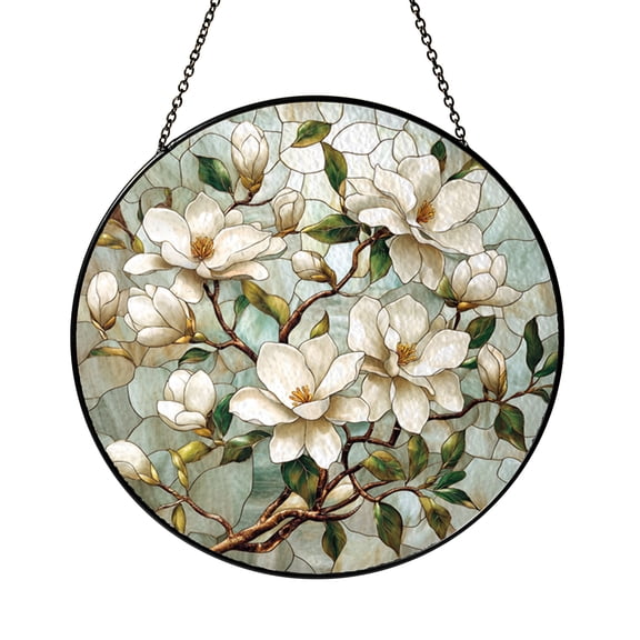 Botanical Magnolia Tree Faux Stained Glass Window Decor