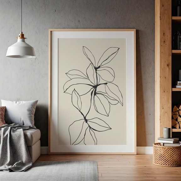 Botanical Minimalist Black Beige Abstract Plant Illustration Wall Art Poster, Unframed Size 12x18
