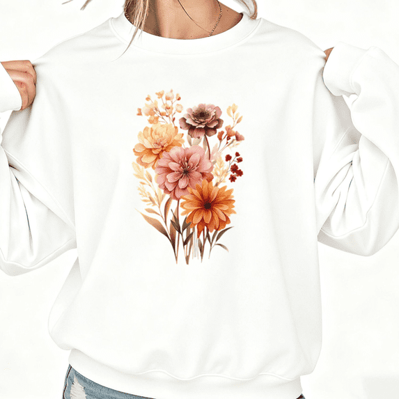 Botanical Minimalist Graphic Sweatshirt Bouquet Print Sweatshirt Warm Tonal Palette White S-3XL Tops