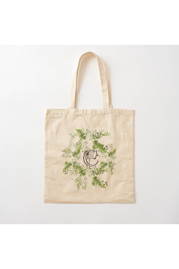 Botanical Monogram C Letter With Heron Bird Detail Canvas Tote Bags, Reusable Shopping Bag