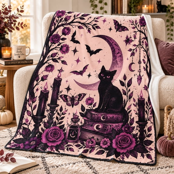 Botanical Moon Cat Blanket, Pink Flannel Throw with Purple Roses ...