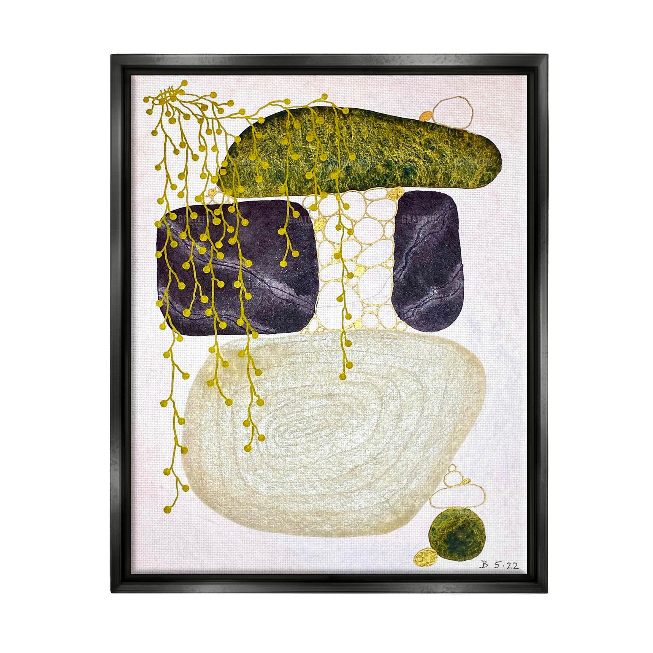 Botanical Mossy Rock Shapes Abstract Graphic Art Jet Black Framed Art Print Wall Art