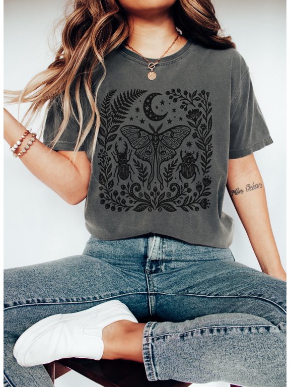 Botanical Moth Graphic Tee, Moon Nature Shirt, Vintage Insect Art, Cottagecore Goth Clothing