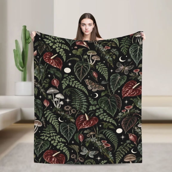 Botanical Mushroom Blanket Dark Floral Flannel Throw Blanket Gothic Forest Nature Home Decor 50x40 in