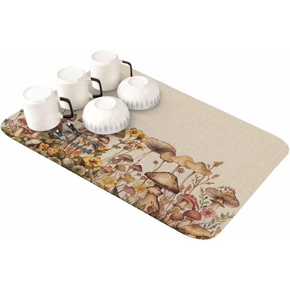 Botanical Mushroom Dish Drying Mat for Kitchen Counter, Super Absorbent Quick Dry Coffee Bar Mat Pad Thin Diatomaceous Sink Mat Non Slip Dish Drainer Mat 16x18 Vintage Flower Herb Rustic