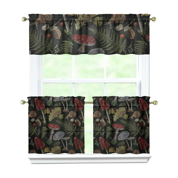 Botanical Mushroom Kitchen Curtains Set, Woodland Mushroom and Whimsical Mushroom Rod Pocket Tier and Valance, Fairy Tale Mushroom Inspired Farmhouse Curtains