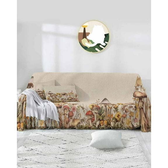 Botanical Mushroom Sofa Covers for 3 Cushion Couch,Washable Sectional & L Shape Couch Covers for Dog/Cat/Kid,Vintage Flower Herb Rustic Non Slip Sofa Slipcover Tassel Futon Cover 71''x150''