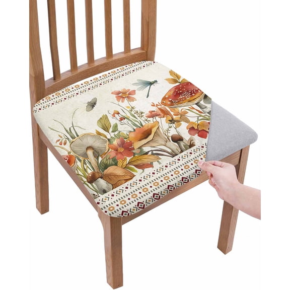 Botanical Mushrooms Chair Seat Covers for Dining Room Stretch Chair Seat Covers Set of 4, Retro Fall Wild Flowers Farmhouse Chair Seat Protector Cushion Slipcovers for Kitchen Restaurant Office