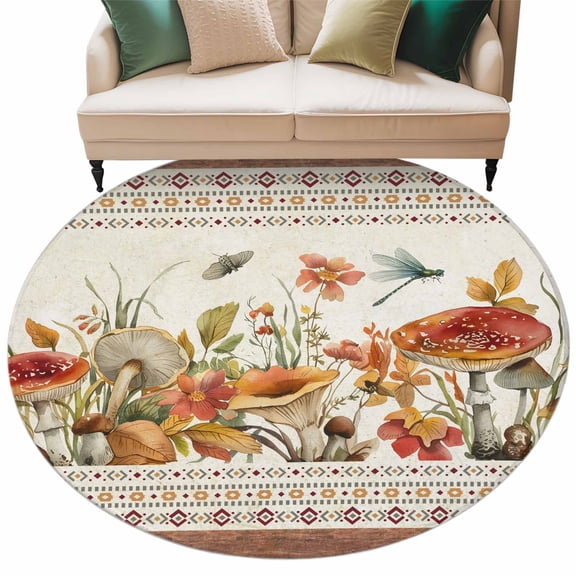 Botanical Mushrooms Large Area Rugs for Bedroom Living Room, Soft Non Slip Carpet Bedside Rug, Retro Fall Wild Flowers Farmhouse Round Floor Cover Kitchen Accent Rug 7' for Dining Room/Office