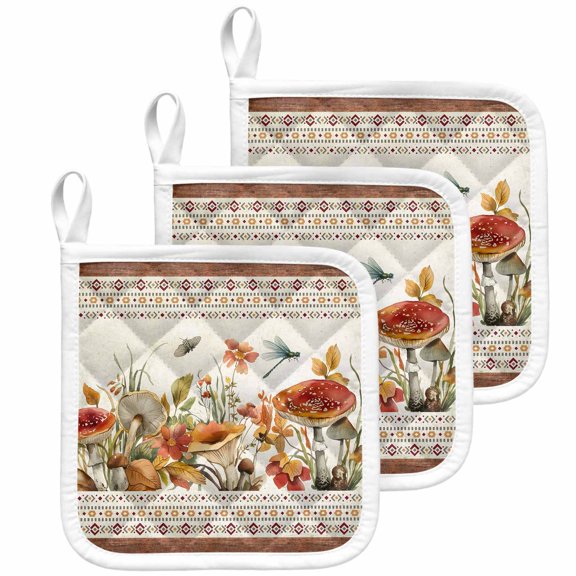 Botanical Mushrooms Pot Holders for Kitchen Heatproof Potholder, 3 Pack Retro Fall Wild Flowers Farmhouse Hot Pads Multipurpose Oven Pads Cloth Potholders Trivet for Cooking Baking