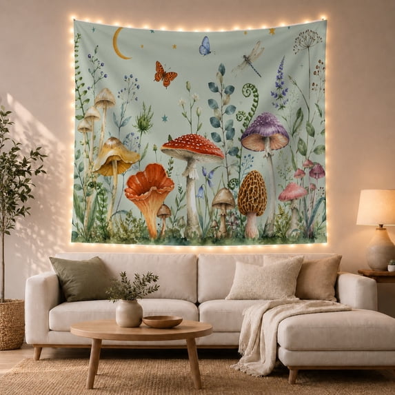 Botanical Mycological Pale With Muted Aqua, Mystical Fantasy for Space Lovers, Galaxy Room Decor Room Accent, Mother's Day Gift, Tapestry Wall Hanging for Bedroom and Dorm