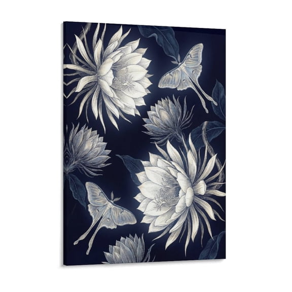 Botanical Night Blooming Cereus And Luna Moth Print Versatile Vertical Canvas Artwork, High Density Print for Home, Hotel & Restaurant Decor