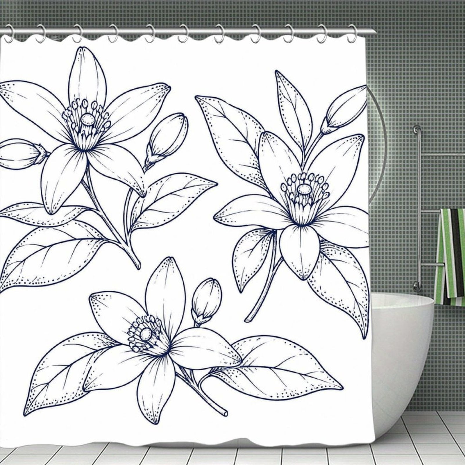 Botanical Orange Blossom Line Art Print Shower Curtain,Cloth Fabric ...