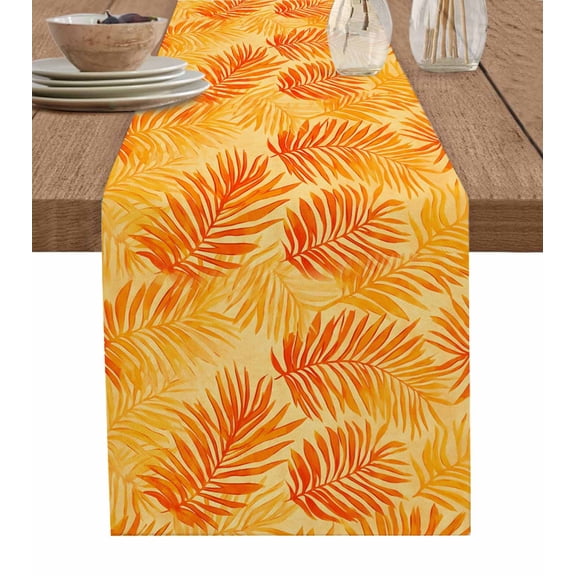 Botanical Orange Burlap Cotton Table Runner 14x72 Inches Long, Modernism Tropical Palm Leaf Farmhouse Table Runners, Outdoor Dining Tablecloths Decor for Baby Shower/Party/Wedding