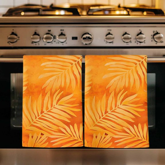 Botanical Orange Kitchen Towels Set of 1, Tropical Palm Leaf Modernism Absorbent Dish Towels for Kitchen, Microfiber Hand Towel, Quick Drying Tea Towel for Cleaning Decorative Dishcloths