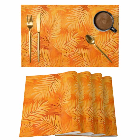 Botanical Orange Placemats Set of 4, Cotton Linen Fabric Place Mats, Tropical Palm Leaf Modernism Washable Decorative Table Mats Protector for Home Kitchen Dining Wedding Party Coffee Tables