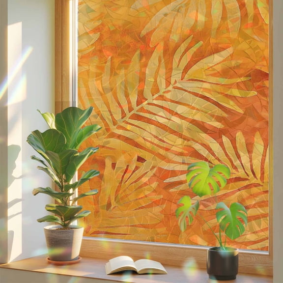 Botanical Orange Privacy Window Film, Decorative Stained Glass Window Film, Tropical Palm Leaf Modernism Resuable Rainbow Static Cling for Home Bathroom Living Room Glass Door 17.7"x39.3"