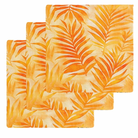 Botanical Orange Yellow Dish Towels Set, Waffle Weave Kitchen Towels 3 Pieces, Modernism Tropical Palm Leaf Microfiber Hair Face Bath Tea Towel Absorbent Quick Drying Cleaning Dish Cloths 12"x12"
