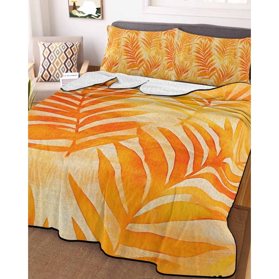Botanical Orange Yellow Full Size Down Alternative Comforter, Lightweight Comforter Quilt Bedding Set with Pillow Shams Modernism Tropical Palm Leaf All Seasons Bed Comforter Duvet Insert 78"x90"
